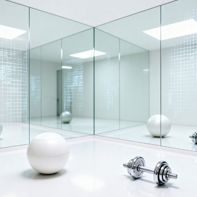 A 1:1 minimalist studio dominated by a floor-to-ceiling mirror. The mirror surface features a subtle, semi-transparent digital grid pattern. A sleek white medicine ball and high-end chrome dumbbells sit on a pristine white resin floor. The lighting is perfectly uniform, reflecting off the mirror to create an infinite space effect.