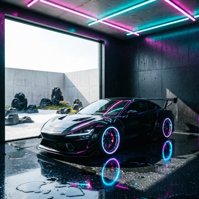 1:1 ratio. A minimalist garage built with raw grey concrete. One side features a large square floor-to-ceiling window overlooking a Zen garden with white gravel and black rocks. A single minimalist matte grey car is parked inside. Natural light enters at an angle, creating strong geometric shadows. No people, no text.