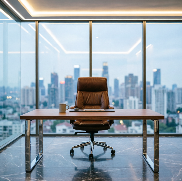 A 1:1 square architectural shot of a high-end corner office. A sleek walnut desk with polished chrome legs stands before a floor-to-ceiling glass wall overlooking a blurred city skyline. A high-back leather ergonomic chair is positioned behind the desk. The space features indirect LED lighting along the ceiling edge and dark grey marble flooring. No people, no text.