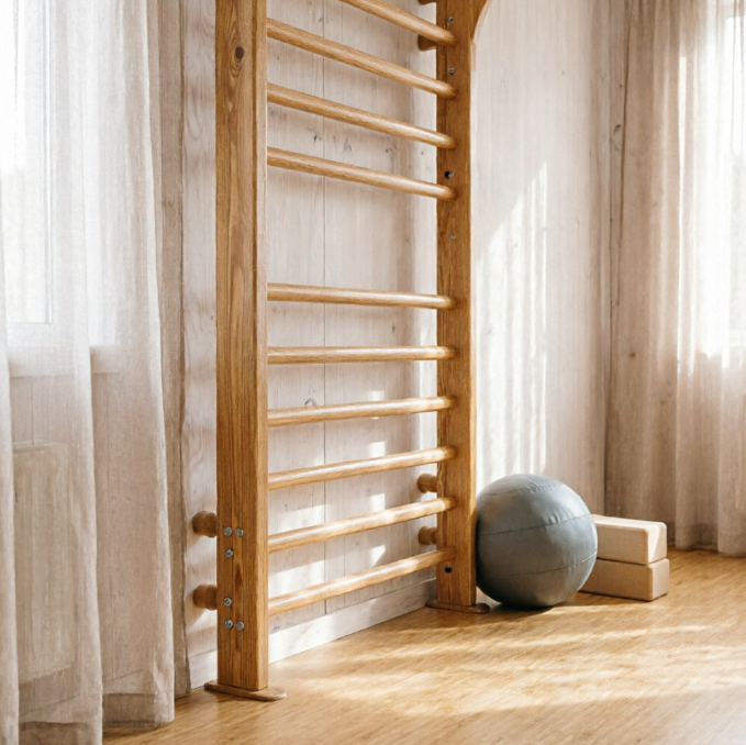 A 1:1 architectural shot of a bright home gym. A multifunctional wooden wall-mounted rack, similar to a Swedish ladder, is the centerpiece against a light ash-wood wall. The floor is made of seamless light bamboo. A grey medicine ball and a pair of cork yoga blocks are placed neatly on the side. Soft natural light filters through semi-transparent curtains, creating a serene atmosphere.