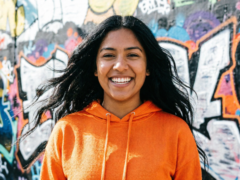 A young woman with flowing long hair stands in front of a colorful street graffiti wall, wearing a neon green hoodie and smiling brightly.