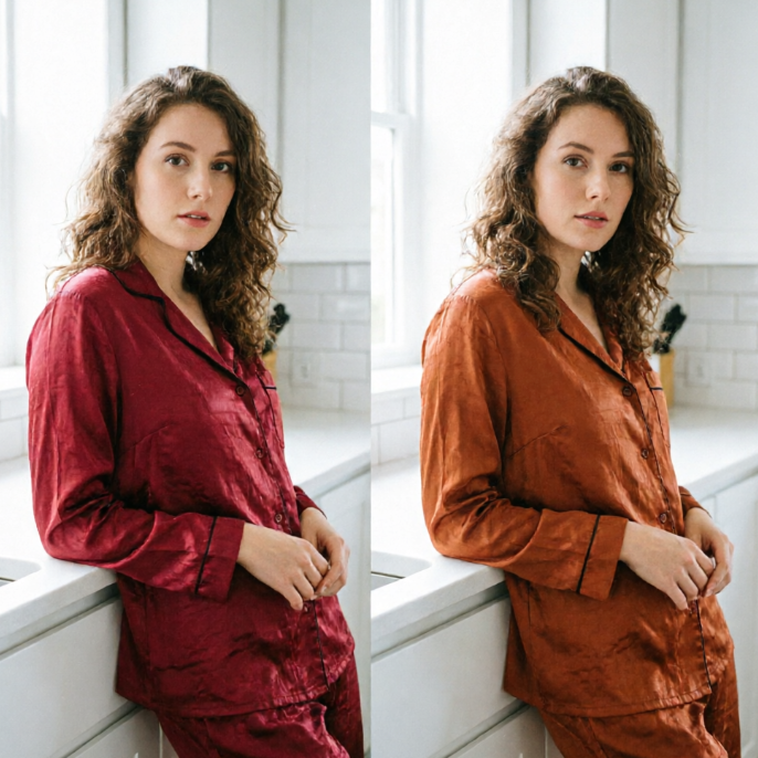 1:1 split-screen. Left: A 25-year-old Caucasian woman with wavy brown hair leans on a white kitchen counter in maroon silk pajamas. Right: The same scene, pajamas changed to rust orange. Texture is preserved. Text "COLOR LAB" on the white cabinet.