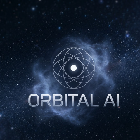 A white outlined "ORBITAL AI" planet orbit logo on a starry cosmic background.
