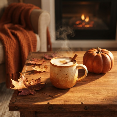 The same cafe table rearranged for autumn. A steaming ceramic mug of latte with cinnamon sticks, a small orange pumpkin, and a single dried maple leaf on the table. Warm golden hour lighting, long soft shadows, cozy atmosphere.