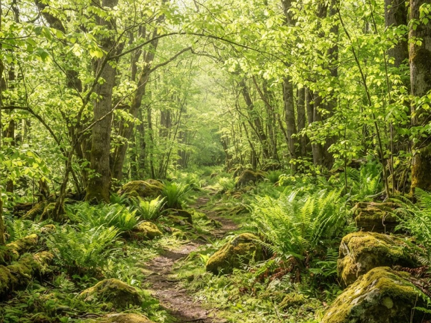 A dense forest path in spring, vibrant green ferns and moss-covered stones, tall trees with fresh light-green canopies, soft dappled sunlight through leaves.