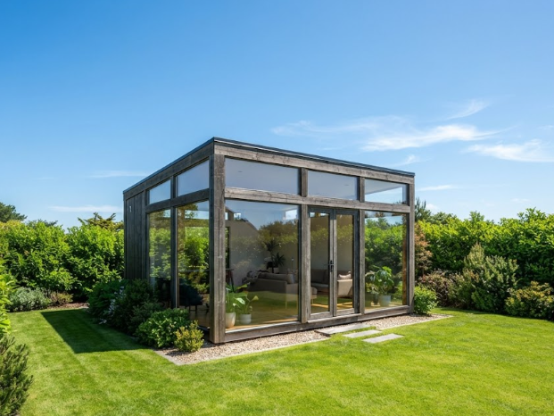 A minimalist glass and wood modern house, surrounded by a perfectly manicured green lawn and emerald shrubs. Clear blue sky, summer noon lighting.