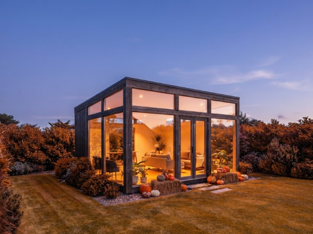 The same modern house in autumn. The lawn is now a warm brownish-gold. Several pumpkins and stacks of hay are placed on the porch. The surrounding shrubs have turned deep orange and burgundy. Inside the glass walls, a warm orange light glows, contrasting with the cool autumn dusk outside.