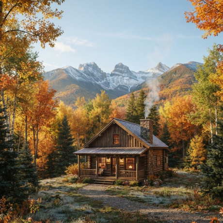 The log cabin in late October. The deciduous trees have turned vibrant yellow and orange, contrasting with the dark evergreens. A light dusting of the first snow on the distant mountain peaks. Wisps of smoke rising from the cabin chimney, warm and inviting.