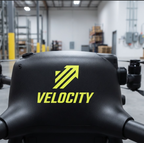 A bright yellow kinetic arrow logo for "VELOCITY" on a black drone body.