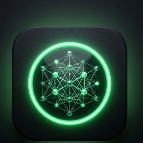 A glowing neon green AI app icon on a matte black background.
