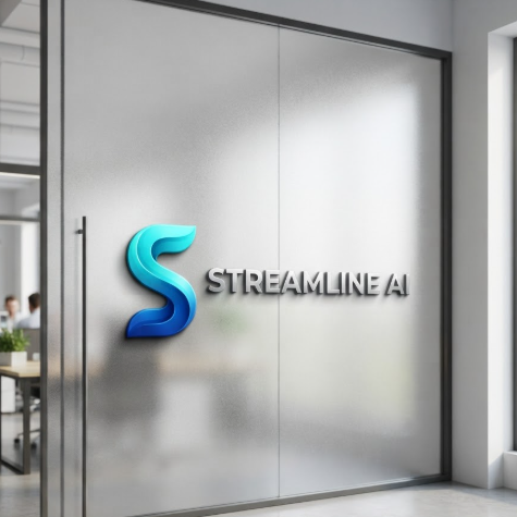 A 3D gradient streamline logo for "STREAMLINE AI" etched on frosted office glass.