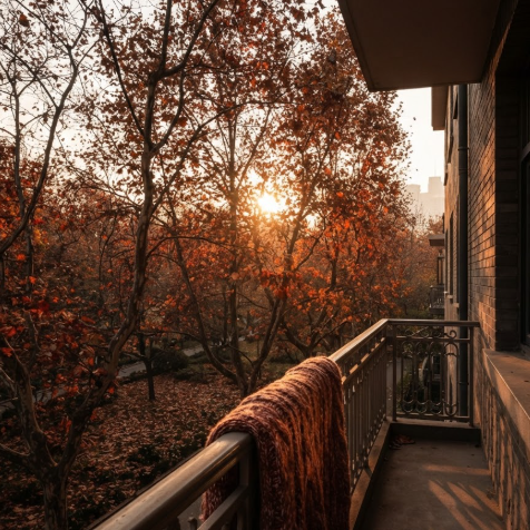 The same balcony view in November. The park below is a tapestry of orange, brown, and gold. A warm wool blanket is draped over the railing. Low sun creating a strong orange backlight through the autumn foliage. Moody and intimate.