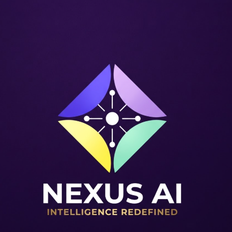 A geometric tech logo for "NEXUS AI" with rainbow-colored segments on a deep purple background.
