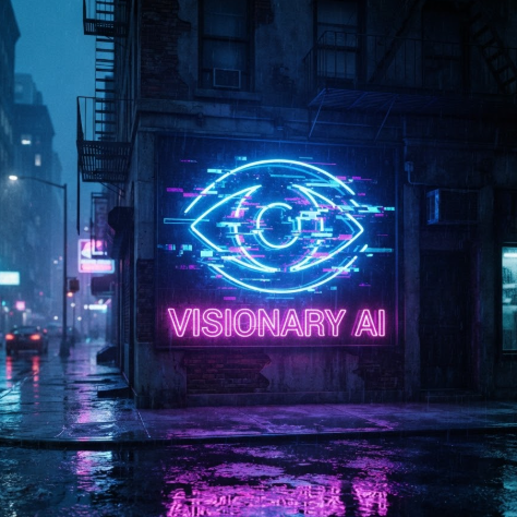A neon-lit "VISIONARY AI" logo with glitch art effects on a city street corner.