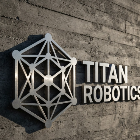A 3D brushed titanium metal signage for "TITAN ROBOTICS" on a concrete wall.