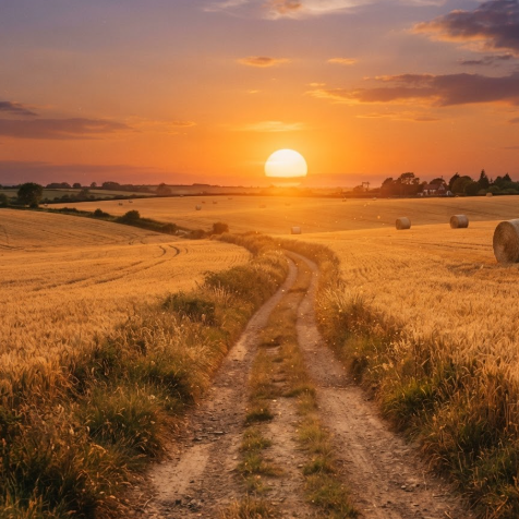 The country road in harvest season. The fields are a vast, undulating sea of golden ripe wheat. Several large round hay bales are scattered in the fields. The light is a rich, warm orange from the setting sun. Dust motes visible in the air.