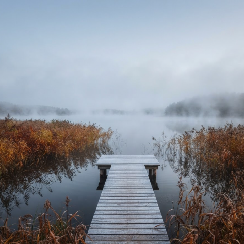 The lakeside pier in autumn. The water reflects the amber and bronze colors of the surrounding withered reeds. A light morning frost covers the wood of the pier. Wisps of fog float over the surface. The sky is a soft greyish-blue, moody and peaceful.