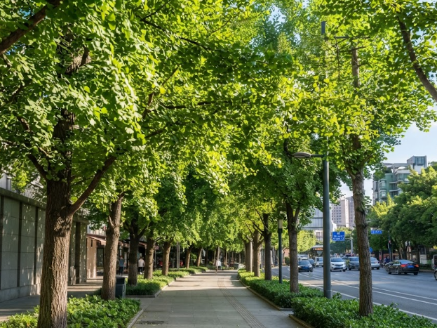 Photorealistic urban sidewalk in summer, lush green ginkgo trees lining the street, bright direct sunlight, clean grey pavement, vibrant green leaves reflecting the sun.