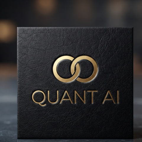 A gold-foiled "QUANT AI" infinity symbol logo on a black leather business card.