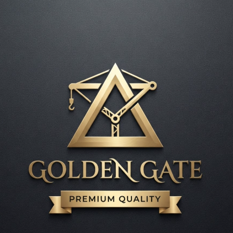 A 1:1 minimalist construction logo on a textured charcoal background. The central graphic is a metallic gold crane arm forming a perfect triangle over a stylized city skyline. Below the icon, the sleek gold serif font reads "GOLDEN GATE". At the very bottom, a gold ribbon banner displays the black text "PREMIUM QUALITY". The lighting emphasizes a subtle metallic sheen on the logo elements.