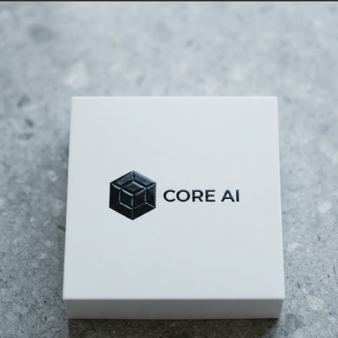 A 1:1 aesthetic shot of a matte white product box resting on a grey stone surface. On the top of the box, a minimalist black geometric logo of a "Floating Cube" is printed with a glossy UV finish. The text beside the icon reads "CORE AI". The lighting is soft and directional, highlighting the sharp edges of the box and the contrast between the matte and glossy surfaces.