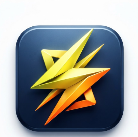 A 1:1 productivity app logo. A stylized thunderbolt or spark icon created with sharp, fast-moving 3D ribbons. Gradient from bright yellow to electric orange. The icon is within a dark blue rounded square on a clean white background. High contrast and dynamic energy.