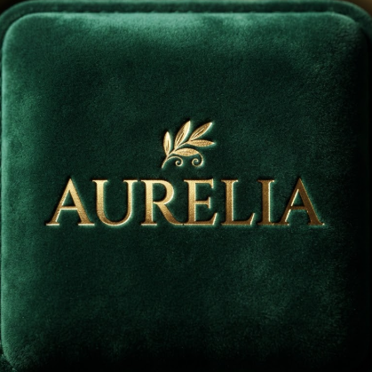 A 1:1 luxury branding shot. A sophisticated name logo "AURELIA" embossed in reflective gold foil on a deep emerald green velvet box. The logo uses a classic Roman serif font with a small botanical leaf icon above the first letter. The lighting is dramatic, highlighting the metallic sheen and the rich texture of the velvet.