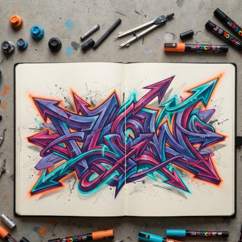 A 1:1 top-down view of an artist's desk. A black sketchbook is open, showing an intricate, multi-layered wildstyle graffiti piece that reads "FLOW". The letters are interconnected with sharp arrows, complex overlaps, and vibrant orange and teal highlights. Several spray paint caps and markers are scattered around the book on a concrete-textured table.