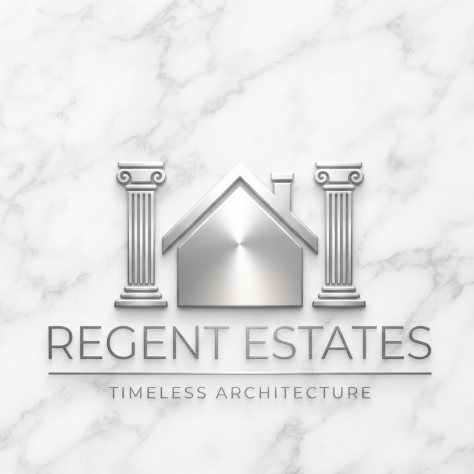A 1:1 elegant logo on a white marble background. The icon features two stylized silver pillars flanking a classic gabled roof with a small chimney. The metallic silver has a reflective finish. The text below is "REGENT ESTATES" in a thin, modern font. At the base, a silver line separates the secondary text "TIMELESS ARCHITECTURE"