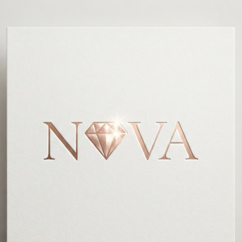 A 1:1 high-end jewelry logo. The name "NOVA" featuring an ultra-thin, elegant font where the letter 'O' is replaced by a minimalist sparkling diamond icon. The logo is printed in rose gold ink on a luxurious matte white textured cardstock. The scene is clean, bright, and airy.