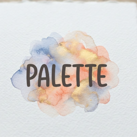 A 1:1 artistic logo for a creative studio. The name "PALETTE" written in a playful, rounded font. Behind the text is a soft, multi-colored watercolor splash in pastel indigo, coral, and gold. The logo is displayed on a high-quality cold-press watercolor paper background, showing the deckled edges and paper tooth.