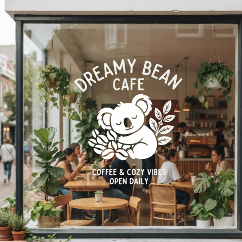 A 1:1 view of a trendy cafe's storefront window. A large, clean white vinyl decal is applied to the glass, featuring a mascot of a "Sleepy Koala hugging a Coffee Bean" and the text "DREAMY BEAN CAFE". The interior of the warm, sunlit cafe with wooden tables and plants is visible through the glass, creating a layered, inviting look.