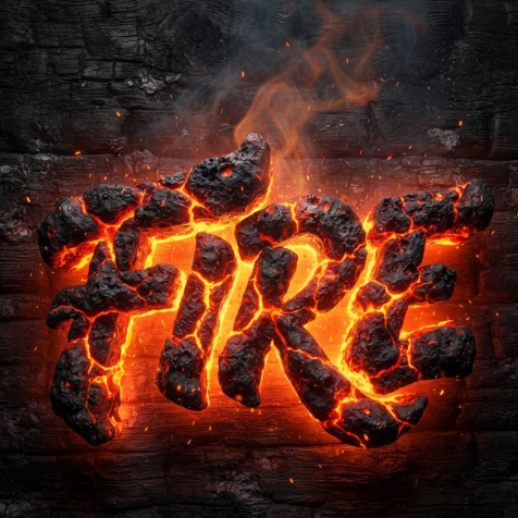 A 1:1 creative logo design. The graffiti logo "FIRE" appears as if it is made of glowing volcanic lava. Dark, hardened crust covers parts of the letters, while bright orange and red light leaks through the cracks. Embers and smoke rise from the logo. The background is a charred black wood texture. Hyper-detailed textures.