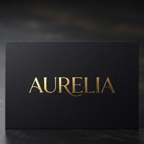 1:1 ratio. A matte black premium business card surface. The logo "AURELIA" is applied with 24K gold foil, featuring elegant, thin typography that shimmers under direct light. The card edges are clean and professional, conveying a sense of high-end luxury.