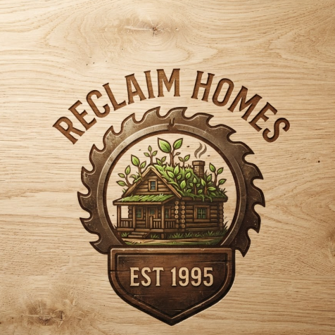A 1:1 rustic logo on a light oak wood grain background. The central icon features a circular saw blade framing a small wooden house with a leaf sprouting from the roof, in earth-tone browns and greens. The central text reads "RECLAIM HOMES". Below, a dark brown shield-shaped badge states "EST 1995". The wood texture is highly detailed, showing natural pores.