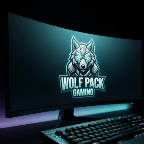 A 1:1 close-up of a premium curved gaming monitor in a dark room with RGB ambient lighting. On the screen, a high-resolution professional esports logo of an "Armored Wolf" is displayed. The wolf is grey and white with glowing cyan eyes, and the text below says "WOLF PACK GAMING". The light from the screen reflects off a sleek mechanical keyboard in the foreground.