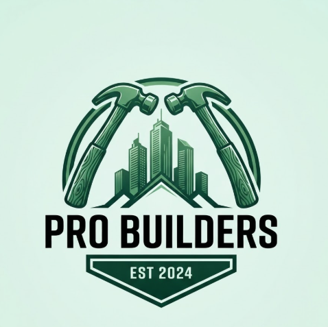 A high-resolution 1:1 professional construction logo. The central icon features two forest green hammers curving symmetrically to frame a silhouette of three modern skyscrapers rising from a gabled house roof. Below the icon, the bold black text reads "PRO BUILDERS". At the base, a dark green hexagonal badge contains the white text "EST 2024". The background is a clean, pale mint green.
