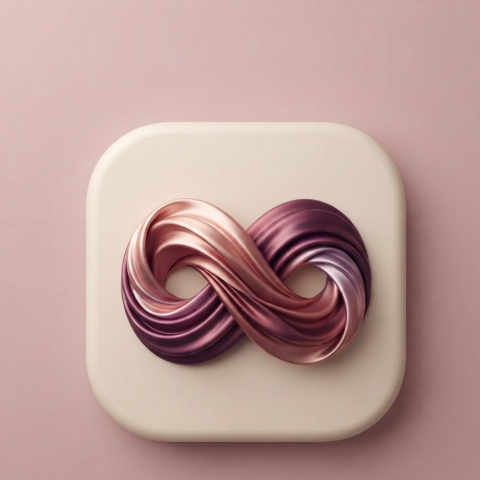 A 1:1 fashion e-commerce app logo. An abstract loop or ribbon-tie shape made of luxury silk-textured 3D ribbons. Gradient of rose gold and deep plum. Housed in a cream-colored rounded square on a soft pink background. Elegant, chic, and high-fashion.