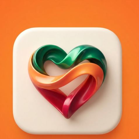 A professional 1:1 3D app icon design. The logo is a heart shape formed by swirling, fluid ribbons with a glossy finish. The ribbons have a vibrant gradient transition from emerald green at the top to fiery orange and red at the bottom. The icon is placed inside a minimalist off-white rounded square container, centered against a solid bright orange background. Studio lighting with soft shadows.