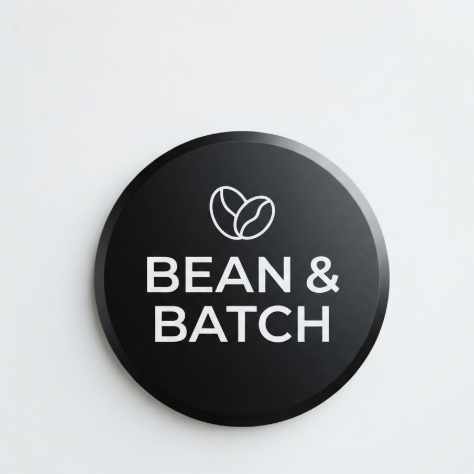 1:1 ratio. A black circular metal hanging sign mounted on a clean white wall. The center features the text "BEAN & BATCH" in a crisp white sans-serif font, paired with a small minimalist coffee bean line-art icon. The overall design is sharp, balanced, and modern.