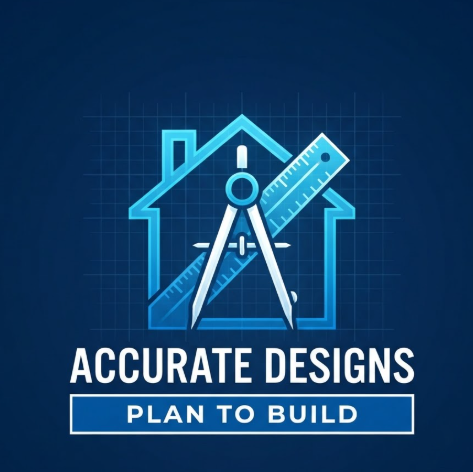 A 1:1 technical logo design. The icon consists of a white drafting compass and a ruler crossed behind a simplified house outline, all in a bright cyan-blue. The background is a dark navy blue with faint blueprint grid lines. The text in the center reads "ACCURATE DESIGNS". At the bottom, a blue rectangular frame contains "PLAN TO BUILD". No people, purely graphic.