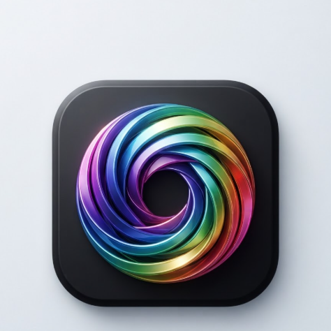 A 1:1 camera AI app logo. A stylized camera lens aperture created with concentric, overlapping 3D ribbons. Rainbow iridescent colors with a glossy coat. The icon is placed in a matte black rounded square on a light grey background. Sharp, clean, and artistic.