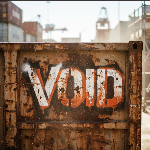 A 1:1 heavy-duty industrial scene. A large rust-covered metal shipping container has a stencil-style graffiti logo "VOID" blasted onto its side in white and hazard orange paint. The paint is cracked and weathered. Dust motes dance in a harsh direct beam of sunlight, highlighting the rough metallic texture of the container.