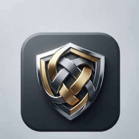 A 1:1 premium AI financial app logo. A shield-like silhouette formed by overlapping 3D chrome ribbons. The colors are deep gold and charcoal grey with a polished reflective surface. Set within a dark grey rounded square icon on a minimalist light grey background. Sharp edges and professional feel.