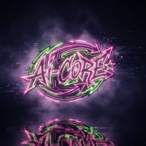A 1:1 digital art piece featuring a neon-style graffiti logo. The logo "AI-CORE" is designed with sharp, futuristic strokes, glowing in electric pink and acid green. The logo appears to float in a dark space filled with a faint purple haze and digital glitch patterns. The lines of the graffiti emit a soft halo, reflecting off a polished black surface below.