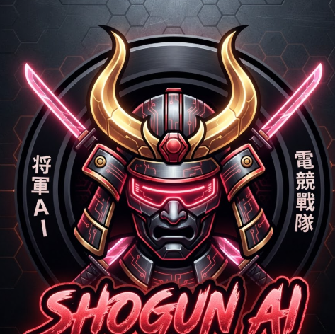 A 1:1 professional esports mascot logo of a futuristic Japanese samurai helmet (Kabuto). The helmet features large golden horns and a glowing red digital visor. Two crossed katanas with neon pink blades are behind the helmet. The entire logo is framed by a black circle with white Japanese characters on the side. The main text "SHOGUN AI" is at the bottom in a bold brush-stroke font.