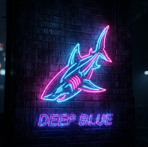 A 1:1 shot of a glowing neon sign mounted on a dark, wet brick wall at night. The sign features a cool mascot logo of a "Neon Shark" with sharp angles, glowing in electric blue and hot pink. Below the shark, the text "DEEP BLUE" is lit in a flickering neon font. Small raindrops on the sign and the reflection on the brick surface create a moody, futuristic atmosphere.