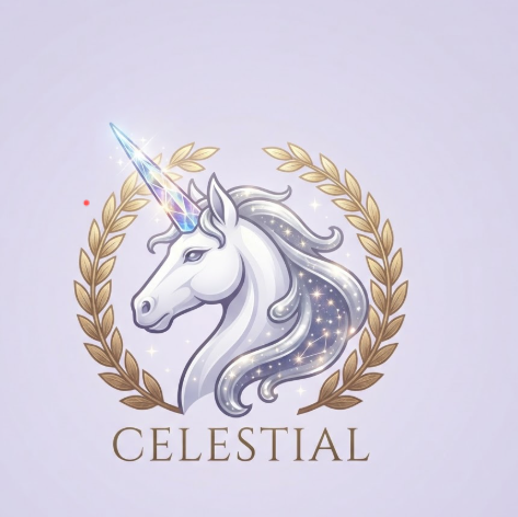 A 1:1 elegant gaming logo of a unicorn head profile. The unicorn is white with a crystalline horn that glows with a rainbow gradient. Its mane flows back like liquid silver, intertwined with small stars. The logo is framed by a delicate golden laurel wreath. Below the unicorn, the text "CELESTIAL" is written in an elegant, thin serif font. The background is a soft pastel purple.