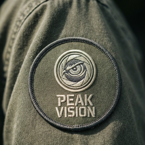 A 1:1 macro shot of a high-quality embroidered patch sewn onto the sleeve of an olive-green tactical jacket. The patch features a minimalist logo of an "Eagle Eye" staring through a camera lens, with the text "PEAK VISION" in a sharp, military-style font. Every stitch and thread of the embroidery is sharply defined against the rugged fabric.