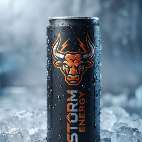 A 1:1 close-up of a sleek, slim aluminum can with a matte black finish, standing on a bed of ice cubes. The front of the can features a bright orange and silver mascot logo of a "Charging Bull" with lightning horns. The text "STORM ENERGY" is printed vertically in a futuristic font. Water droplets condense on the surface, emphasizing the cold, refreshing nature of the drink.